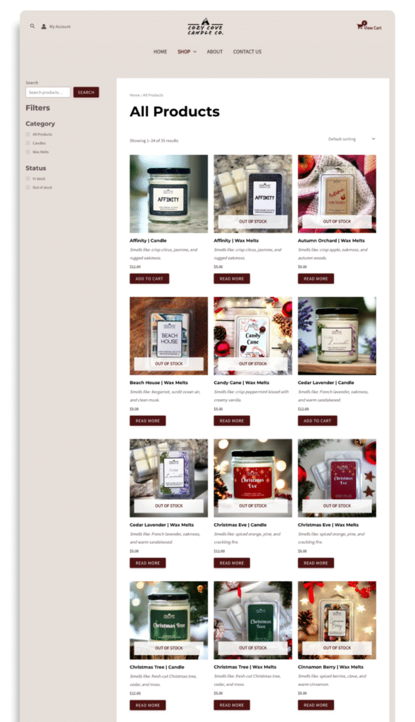 Cozy Cove Candle Co products page-ecommerce setup